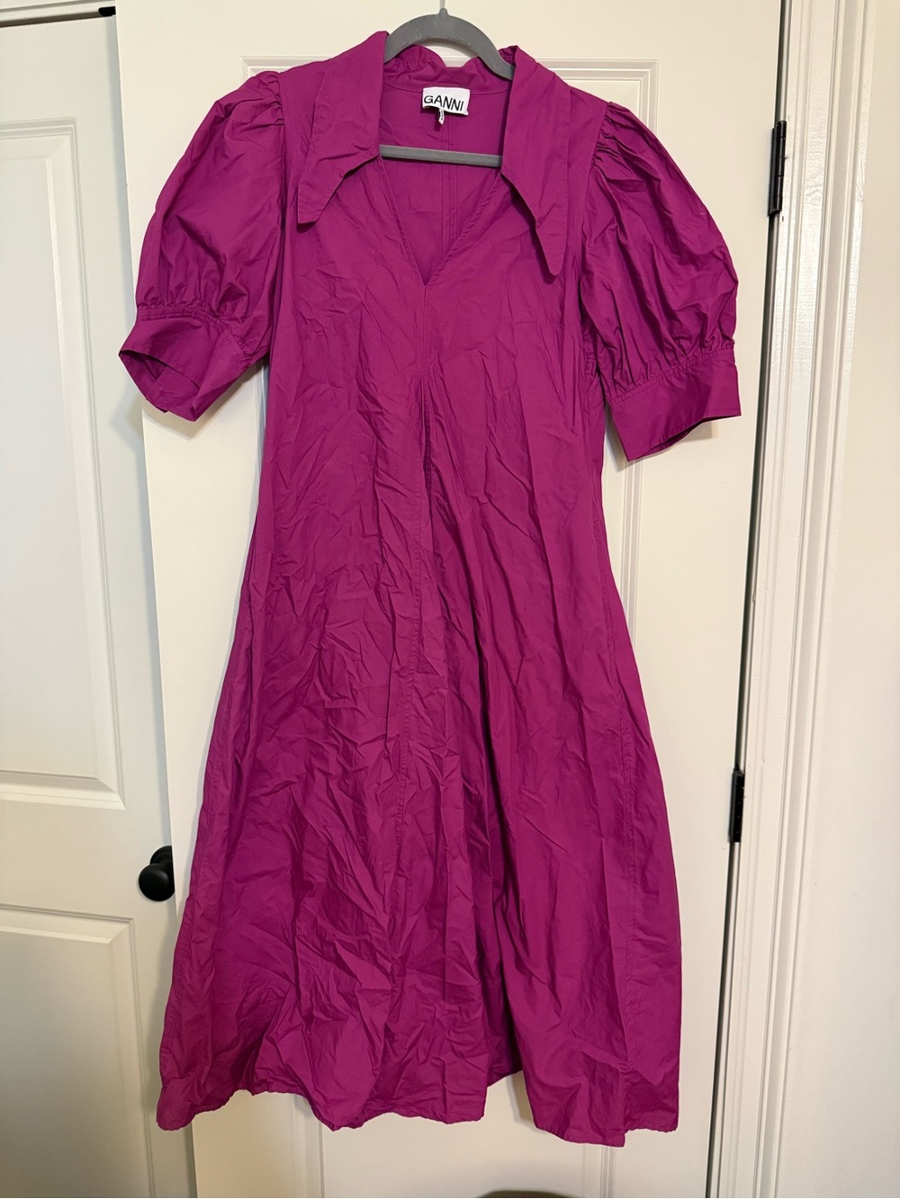 GANNI Fuchsia Puff-Sleeve Midi Dress